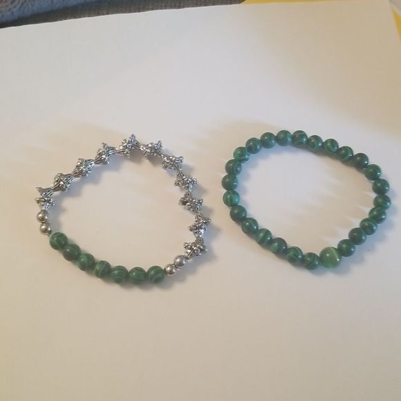 Mens 2 Pc. Green Malachite & Silverplated Expansion Bracelets Custom Made 8" - Picture 8 of 15